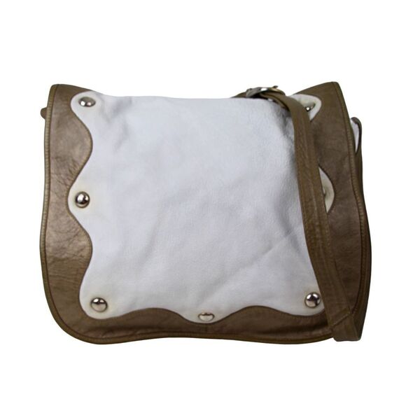 ROOMY TRIBECA WHITE BROWN GENUINE LEATHER FLAP STUDS SHOULDER BAG HANDBAG PURSE - Picture 1 of 14